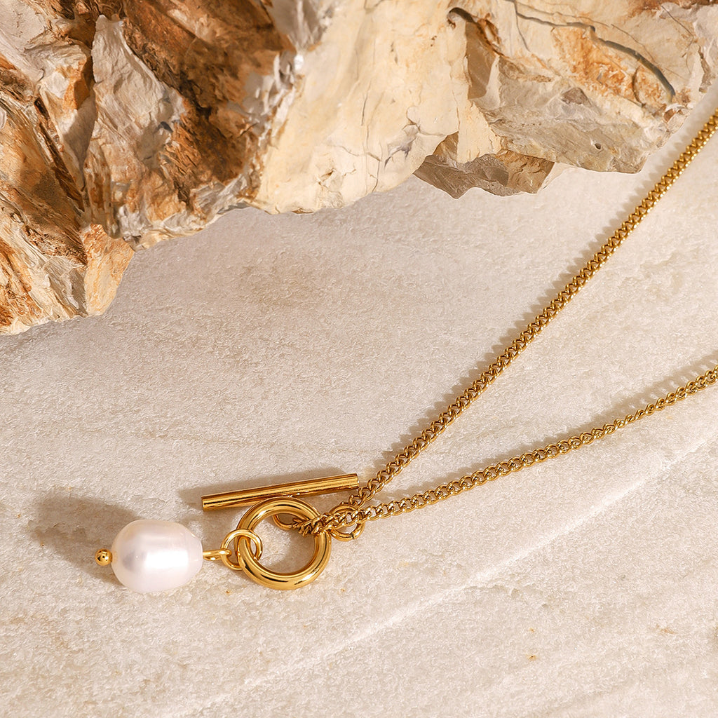 2H Stainless Steel 18k Gold Pearl Pendant Necklace Elegant Non-Fading Collarbone Chain Jewelry