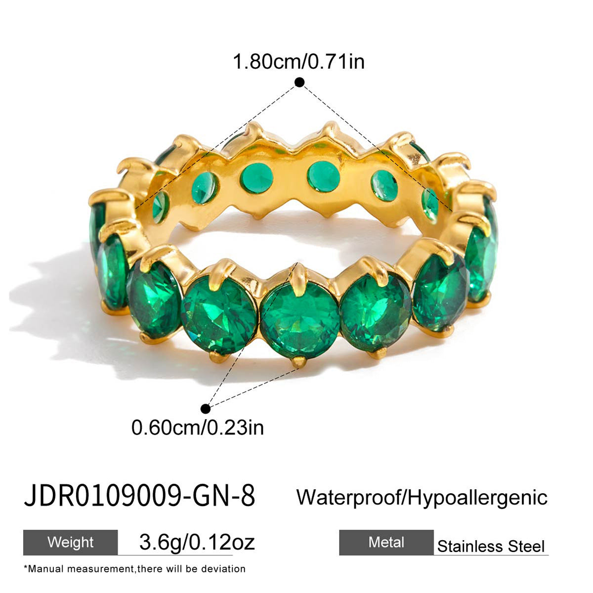 18K Gold Stainless Steel Inlaid Green Zircon Women's Fashion Versatile Ring