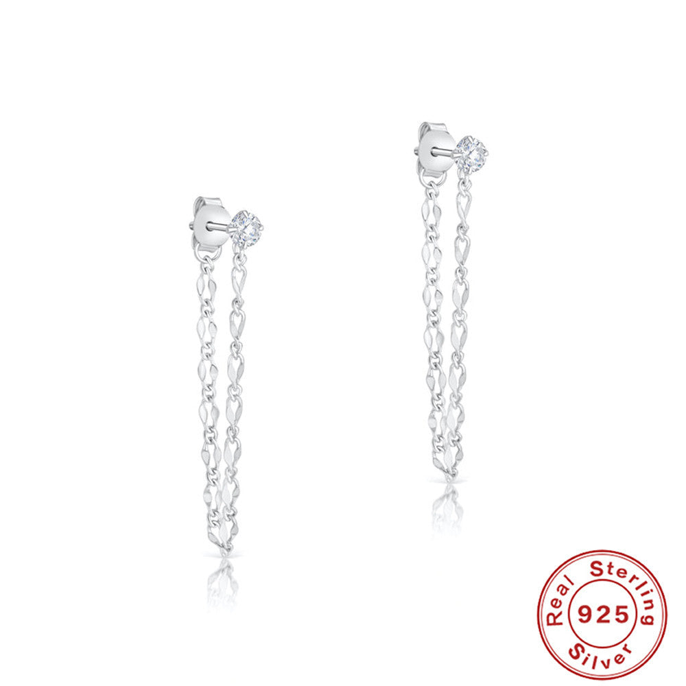 S925Sterling Silver Tassel Inlaid Diamond Mini Pentagram Ear Thread Earrings Korean and Japanese Style Women's Ear Jewelry