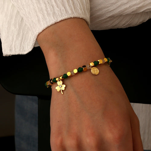 14K Gold-Plated Brass Four-Leaf Clover Heart CZ Bangle Bracelet for private-label fashion jewelry buyers