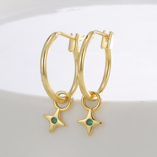 18K Gold-Plated Brass Star Green CZ Earrings with cubic zirconia design details
