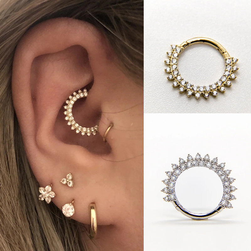 Sterling Silver S925Body Piercing Cartilage Jewelry Nose Ring Flower Double Row Water Drop Zircon Ear Clip Earrings Ear Accessories