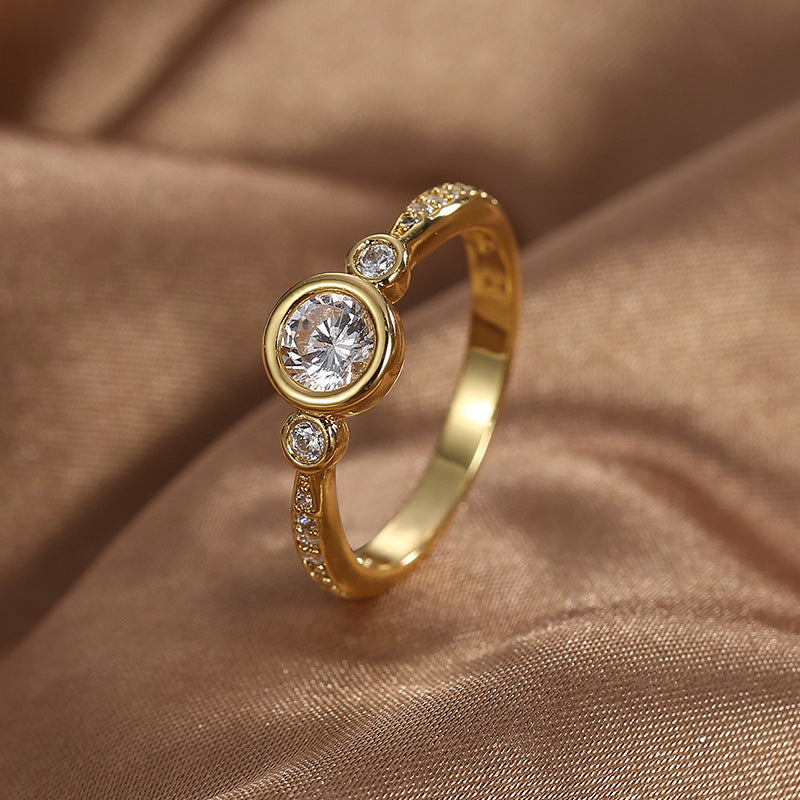R0368 Simple Design Zircon Ring for Women, Brass Gold-Plated Micro-Inlaid White Zircon Ring