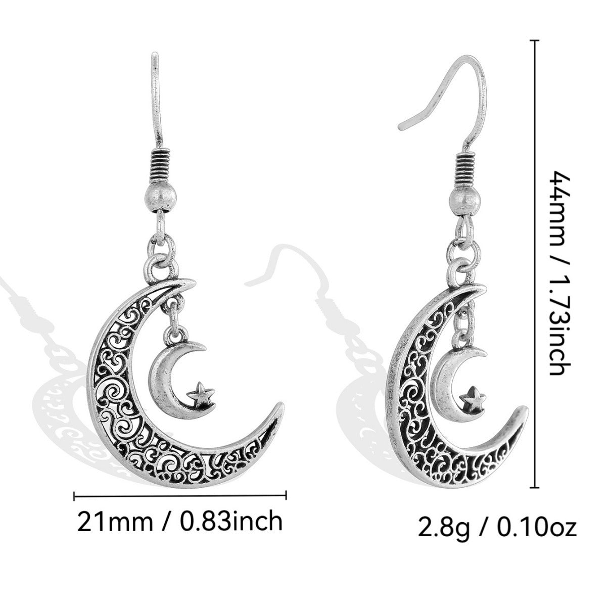 E0709 Fashion Star Moon Crescent Hook Earrings for Women Retro Vintage silver Hollow Earrings