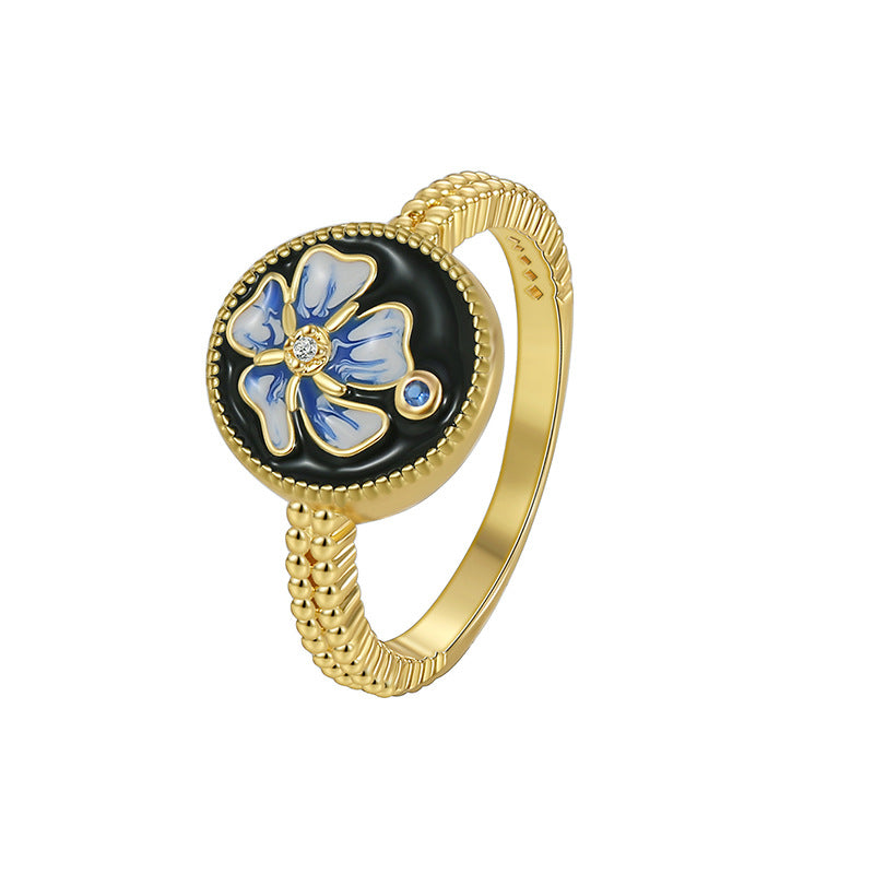 R0545 Japanese Retro Mori Style Small Fragrance Lotus Resin Ring for Women with Micro Pave Zircon Versatile Ring