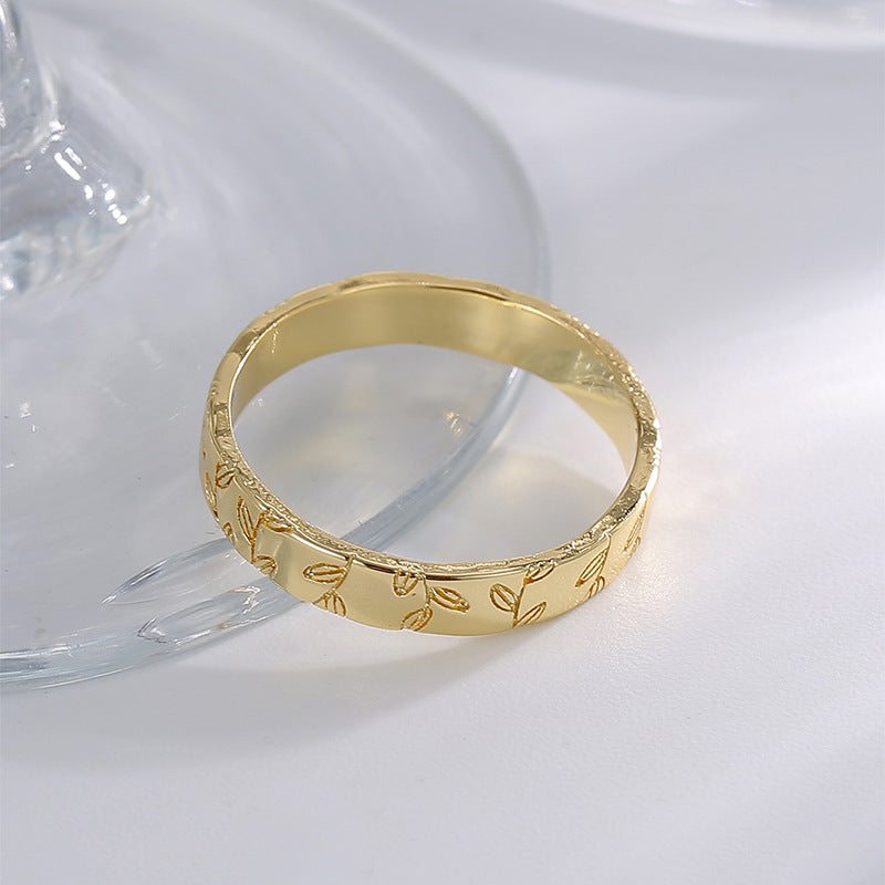 R0630 Design Leaf Pattern Ring for Women, Brass Gold-Plated, Vintage Simple Style
