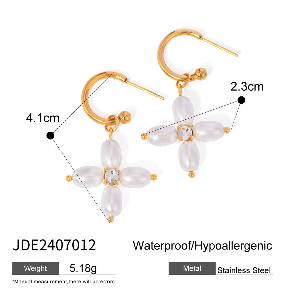 2H Jewelry Stainless Steel Pearl Necklace Cross Earrings Earrings Women