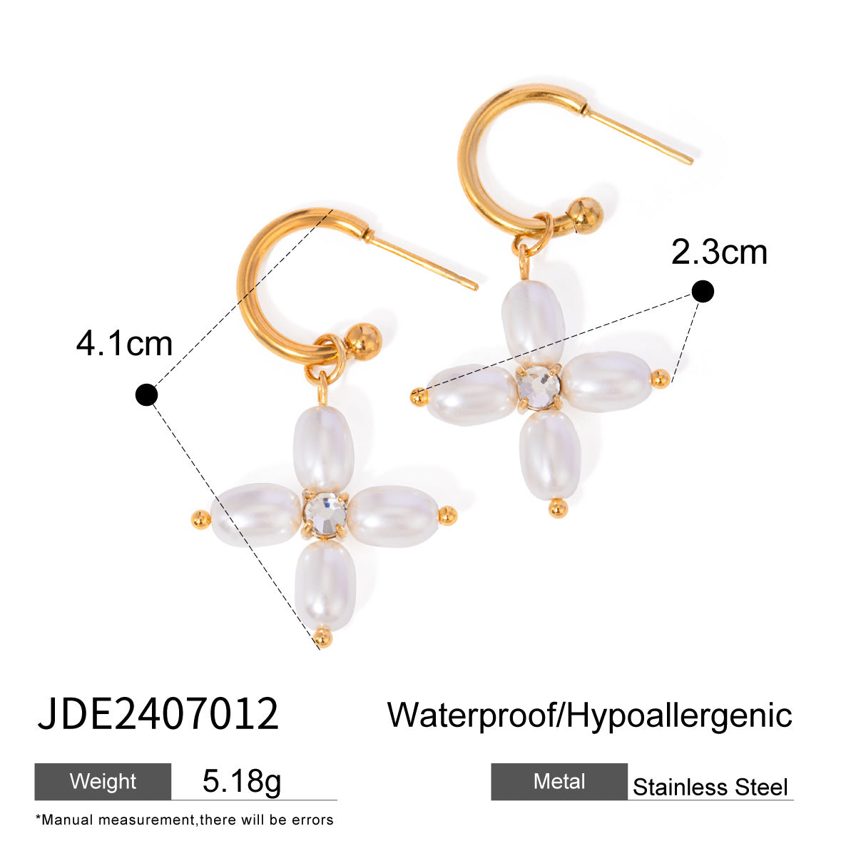 2H Jewelry Stainless Steel Pearl Necklace Cross Earrings Earrings Women