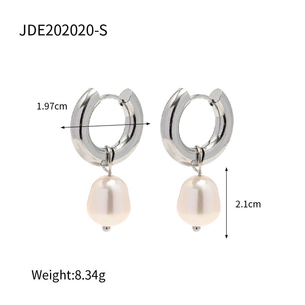 2H Fashion  Steel Color Style Stainless Steel Earrings Natural Freshwater Pearl Pendant Hoop Earrings Women's Ear Jewelry