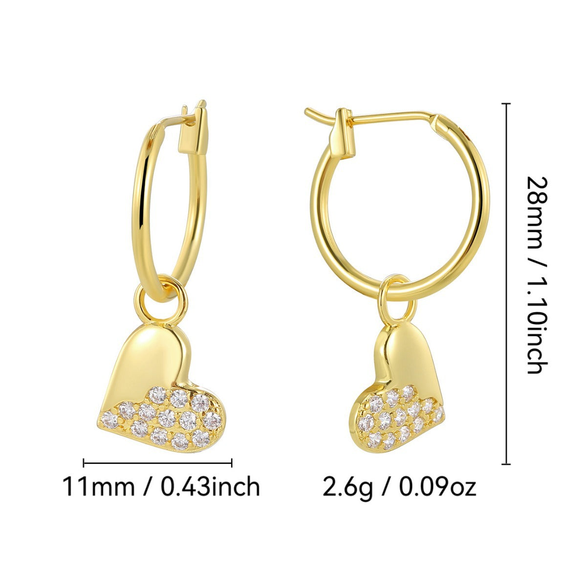 E0822 Fashion Earrings for Women, Gold-Plated Heart Half Zirconia Drop Earrings
