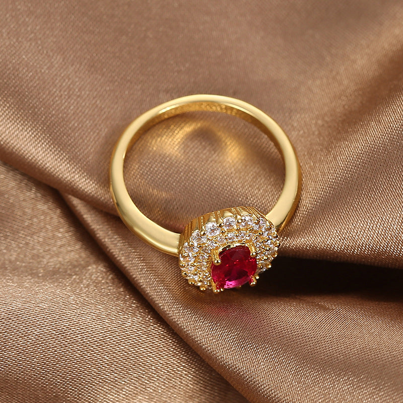 R0376 Fashion Design Red Zircon Ring for Women Copper Plated with Real Gold Micro Inlaid White Zircon