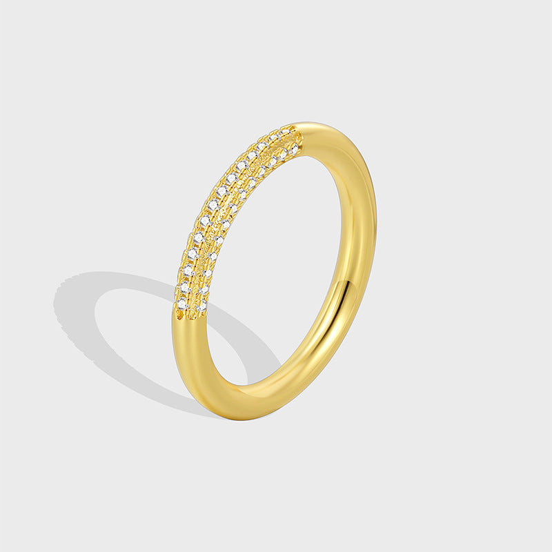 R0586 Simple Ring for Women, Brass with Gold Plating, Micro Pave White Zirconia Plain Band