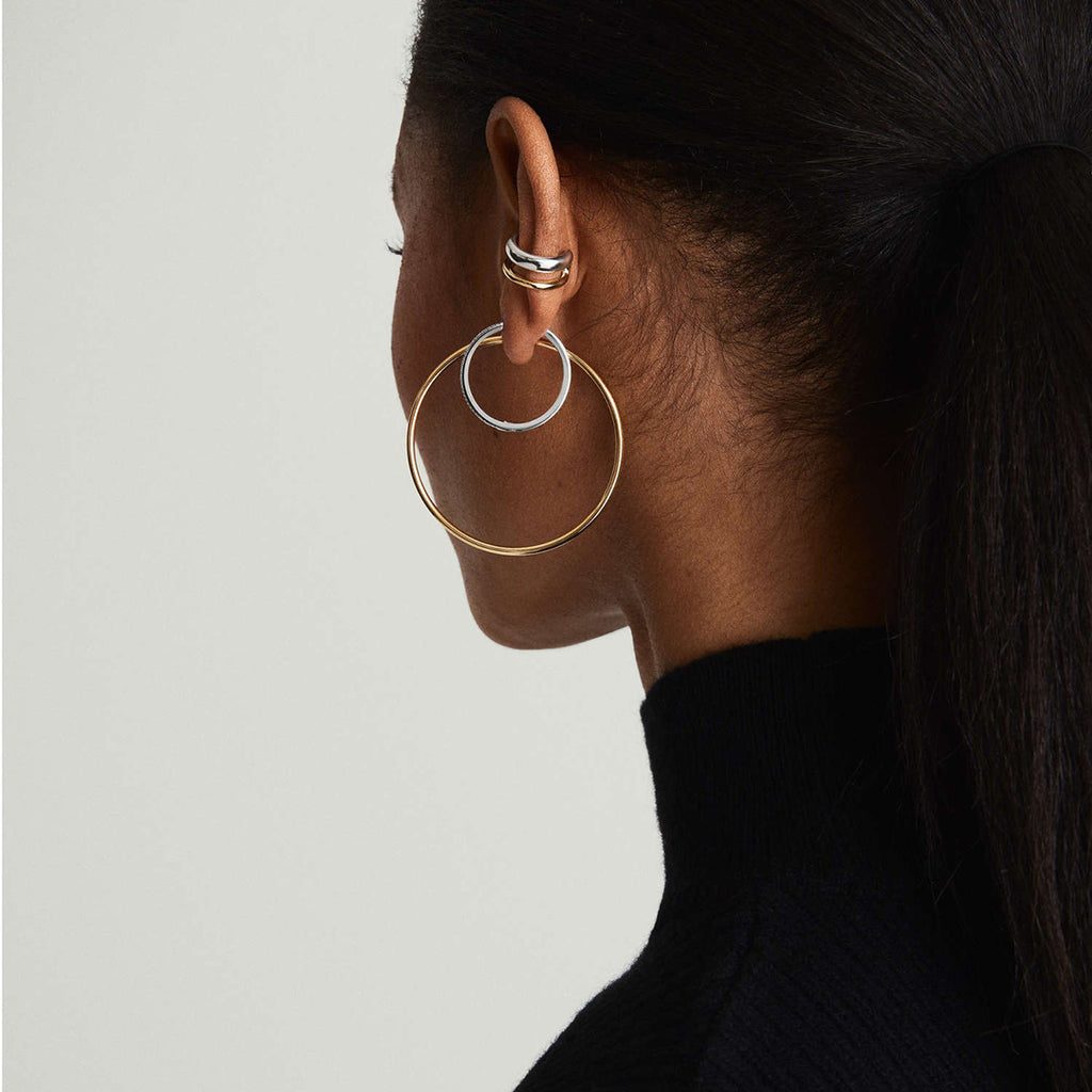 2H 18K Gold Stainless Steel Color-Block Double-Layer Open Ring Minimalist Gold and Silver Two-Tone Ear Clip Geometric
