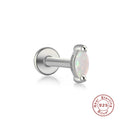 Unisex Sterling Silver Opal Threaded Ear Bone Stud Earrings — pair presentation — alternate angle 2 — jewelry finish and design detail