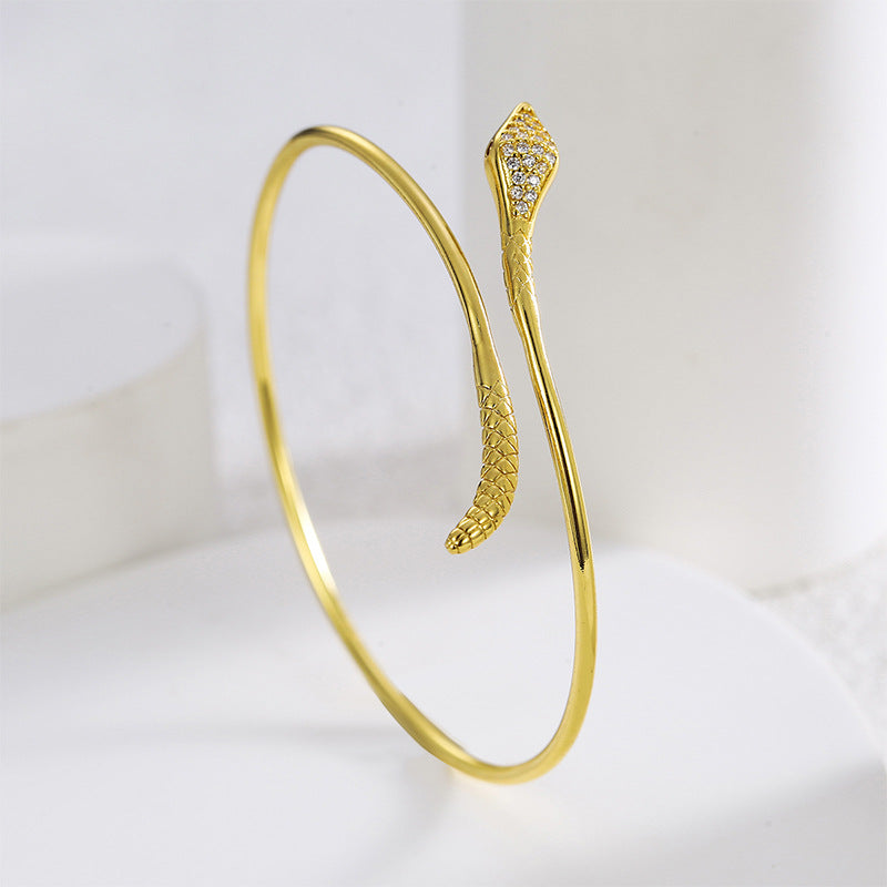 B0151 Personalized Design Snake-Shaped Bracelet for Women, Brass Gold-Plated Micro-Inlaid White Zircon Simple Bangle