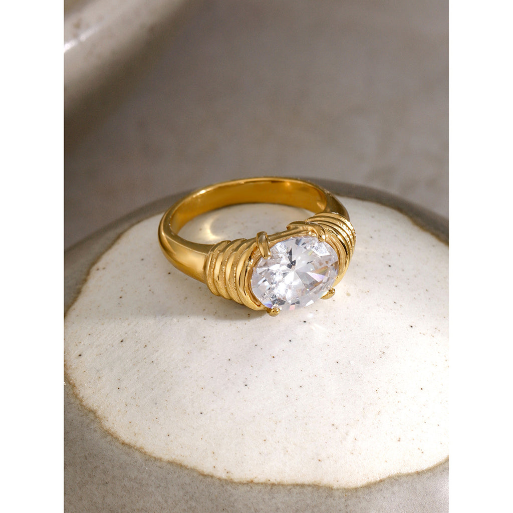 18K Gold Stainless Steel Ring Trendy Same Style Threaded White Rhinestone Ring for Women