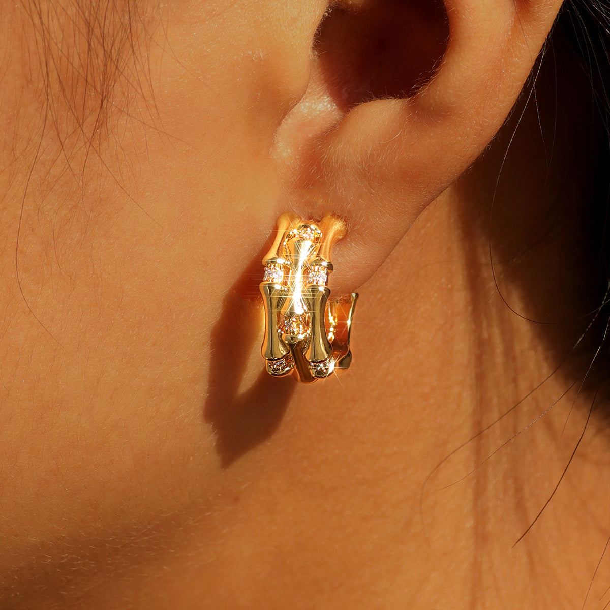 E0850 Bamboo Zircon Earrings Fashionable Elegant Retro Multi-layer Half-round C Shaped Ear Studs