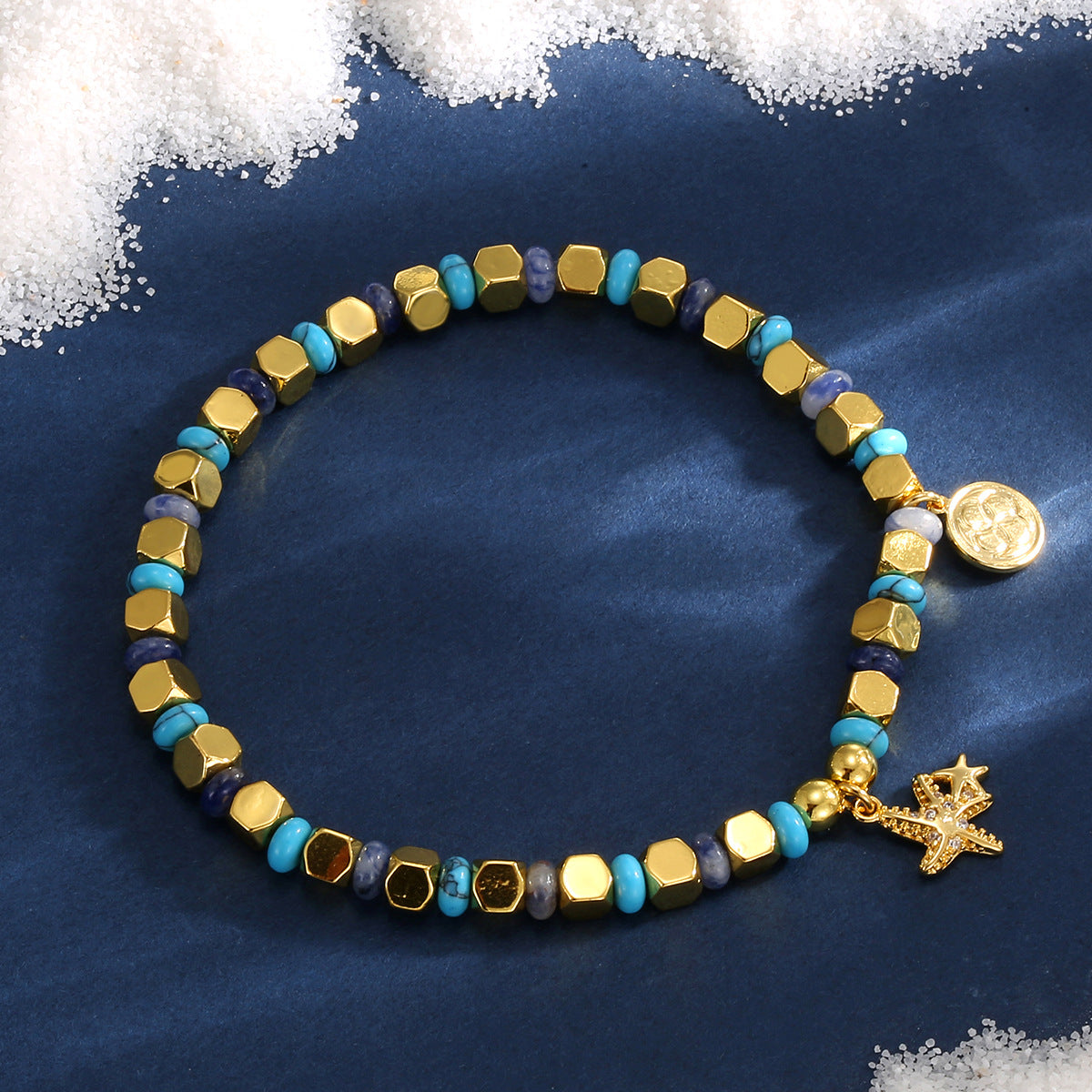 B0295 Bohemian Vacation Starfish Father and Son Zircon Beaded Vintage Blue Dot Quartz Bracelet
