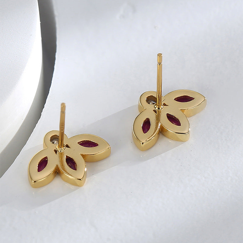 E0604 Xiaoxiang Fashion Autumn Winter Earrings for Women Clover Inlaid with Purple Zircon Stud Earrings