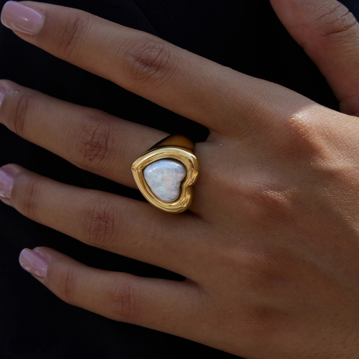2H Heart-shaped Pearl Ring Jewelry18k Gold Stainless Steel Jewelry