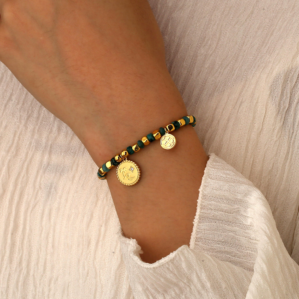 B0311 Casual Vacation Coconut Tree Round Zircon Bracelet Bohemian Trend Blue Turquoise Beaded