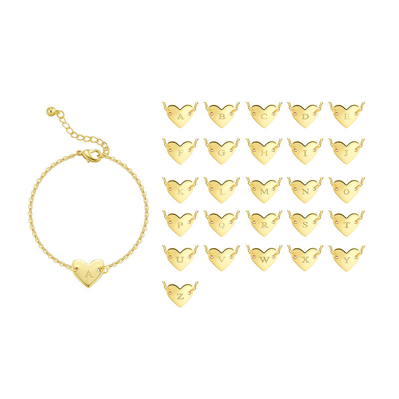 B0182  Korean Version Fashion Simple Heart-shaped Bracelet for Women gold Love Heart26Minimalist Letter Style