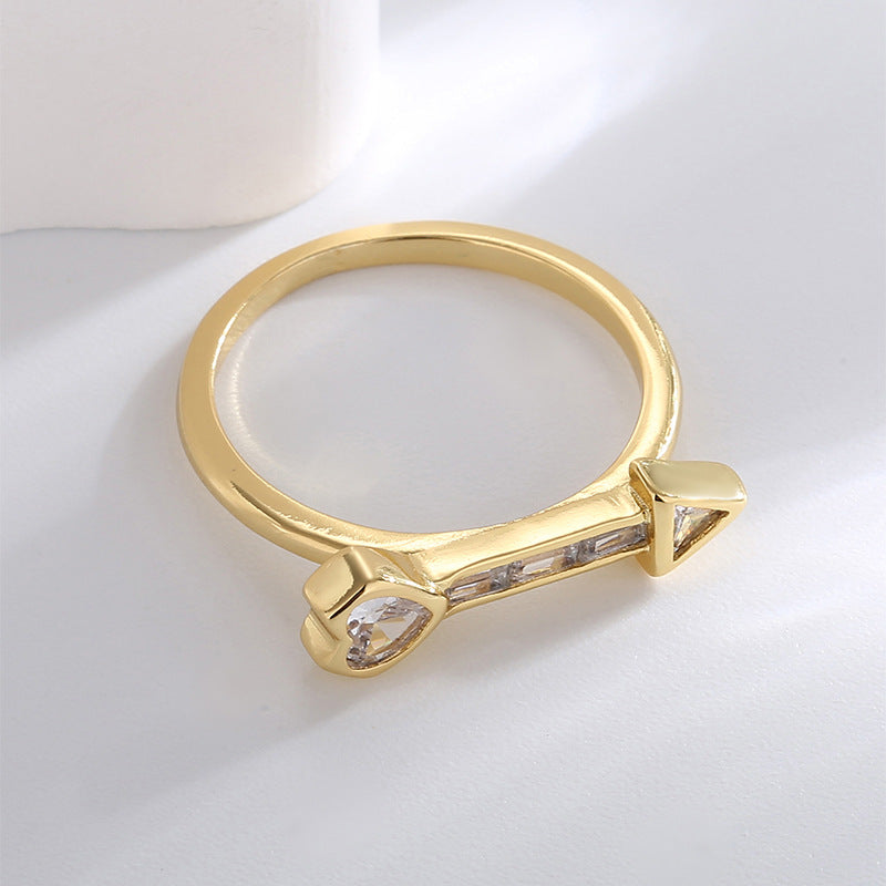 R0315 Simple Cupid's Arrow Zircon Ring for Women, Copper Plated with Real Gold, Vintage Versatile Heart-shaped Ring