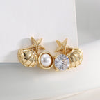 E0767 Fashion Ocean Elements Starfish Shell Earrings for Women Vintage Zircon Inlaid Shell Pearl Earrings