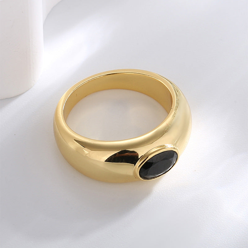 R0313 Ring for Women Copper Plated with Real Gold Black Zircon Minimalist