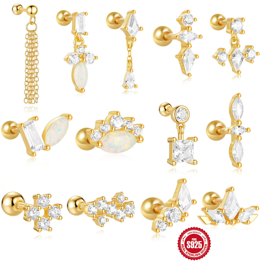 S925Sterling Silver Opal Inlaid Diamond Round Bead Threaded Piercing Ear Bone Stud Hot-Selling High-End Marquise Opal Earrings