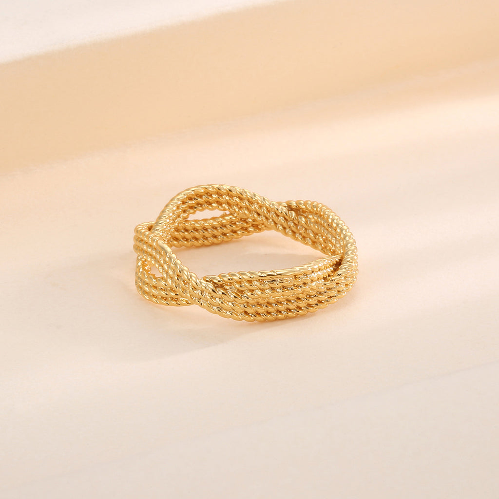 R0182 Copper Gold-Plated Exaggerated Design Hemp Rope Pattern Ring for Women Unique Style