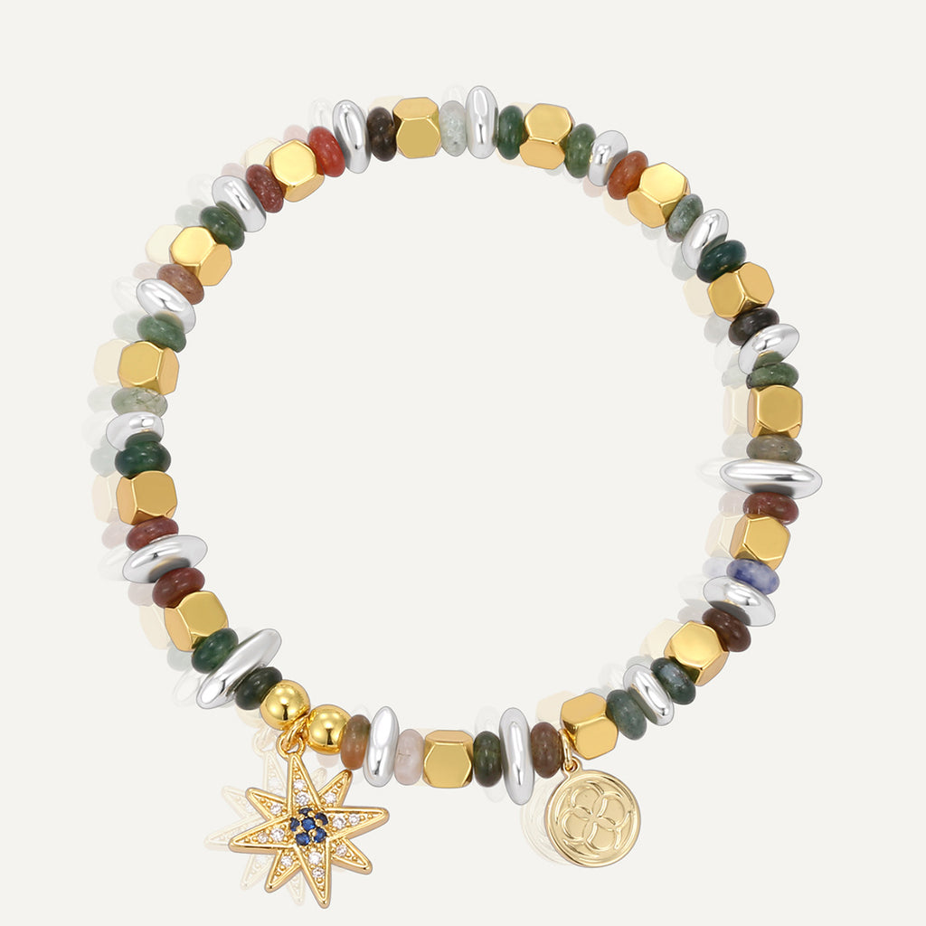 B0280 Eight-Pointed Star Inlaid Zircon Vintage Beaded Indian Mala Bracelet Handmade