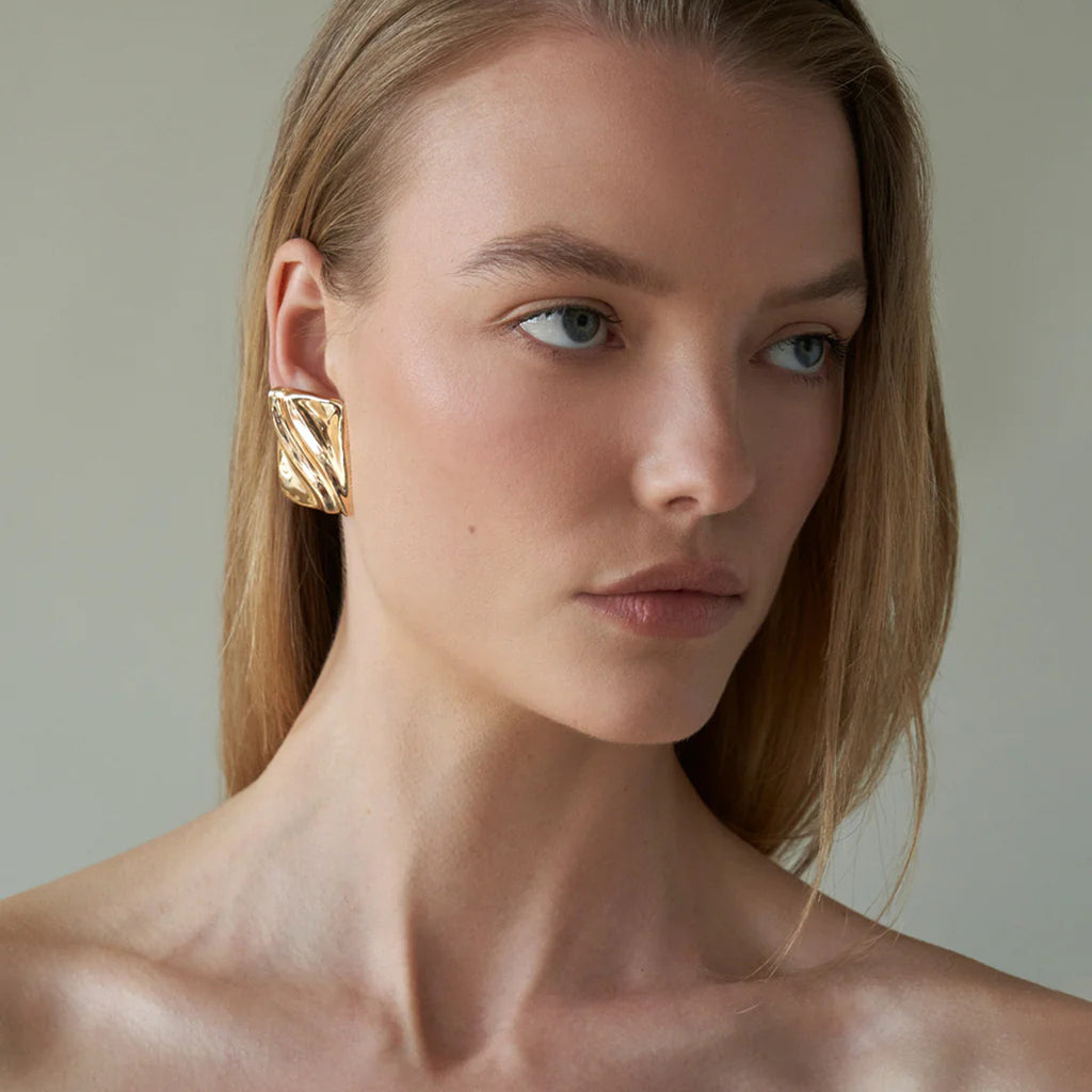 2H18K Gold Stainless Steel Square Wave Texture Earrings  Same Style Simple Geometric Earrings