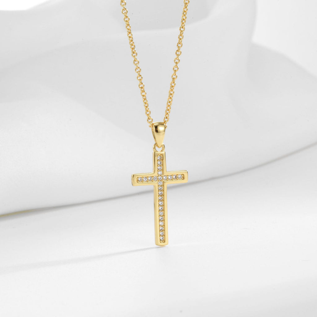 N0313 American Style Inlaid Diamond Cross Zircon Necklace for Men Copper Plated18K Gold Pendant Double Layer Clavicle Chain