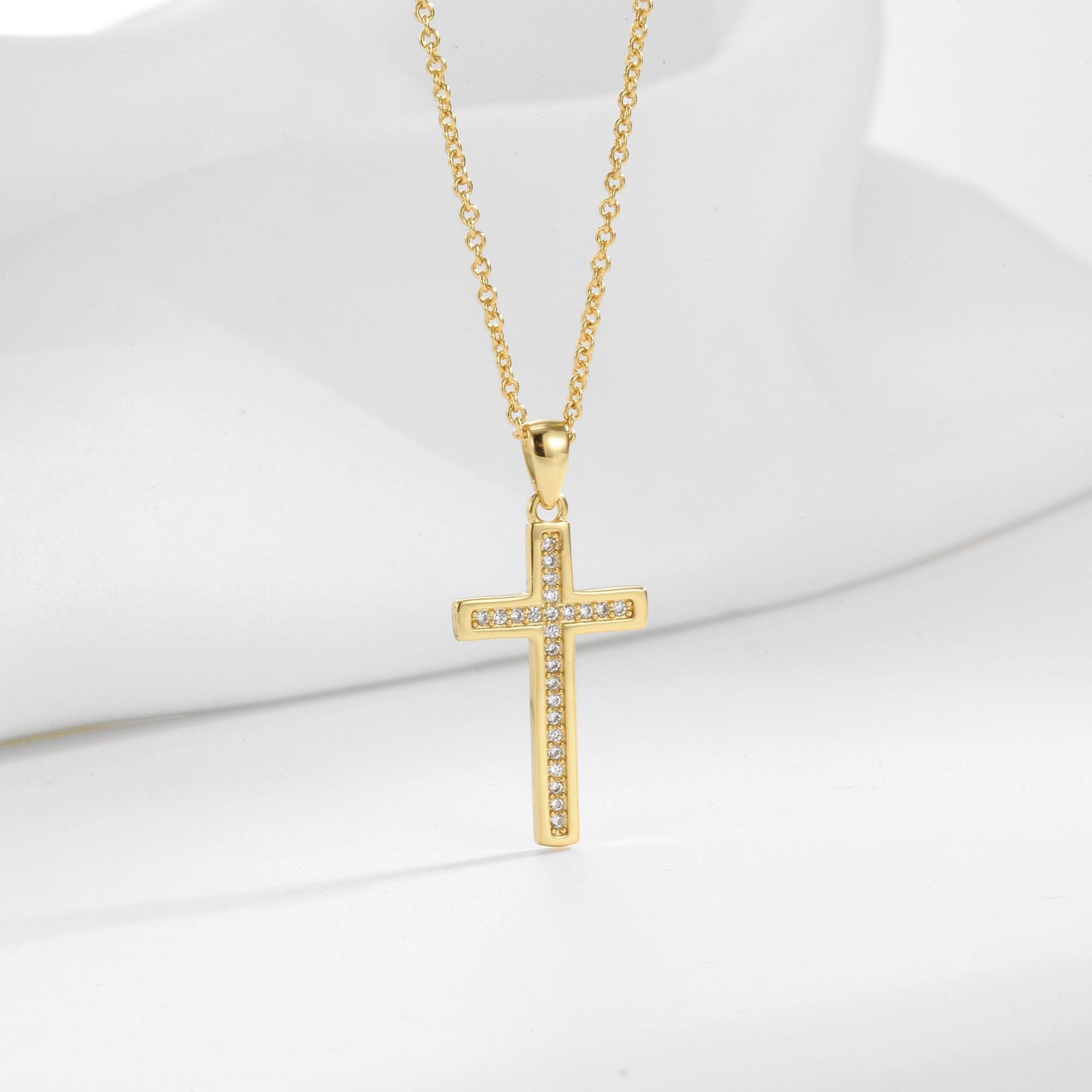 N0313 American Style Inlaid Diamond Cross Zircon Necklace for Men Copper Plated18K Gold Pendant Double Layer Clavicle Chain