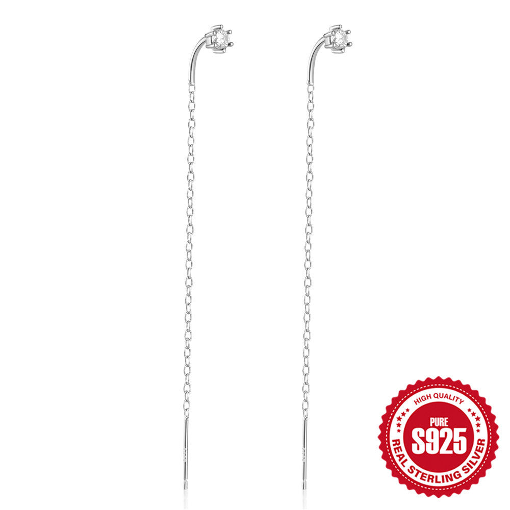 S925Pure Silver Long Minimalist Tassel Claw Setting Diamond Ear Thread Earrings Korean and Japanese Heart Earrings