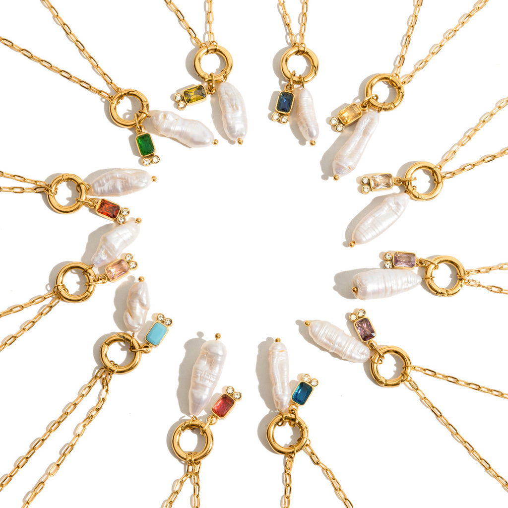 Twelve Birthstone Pearl Necklace Choker Stainless Steel Jewelry Collarbone Chain Accessory