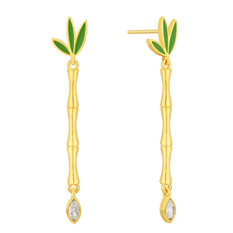 E0624 Korean Fashion Mori Style Clover Resin Earrings for Women Copper Gold Plated Bamboo Tube Water Drop Zircon Earrings