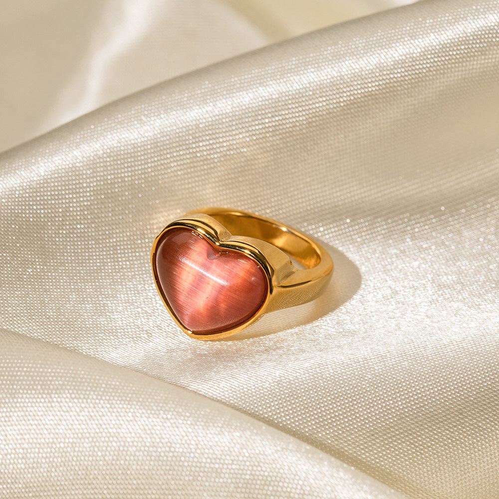2H Trendy Influencer Fashion18K Gold Heart-Shaped Pink Cat's Eye Stone Stainless Steel Ring Fashion