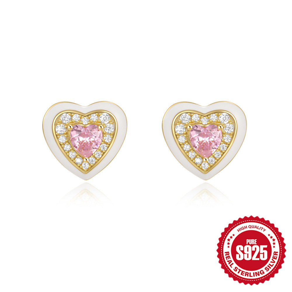 New925Sterling Silver Heart-Shaped Colored Diamond Oil Drop Earrings Hot-Selling Inlaid Diamond Mother's Day Earrings for Women