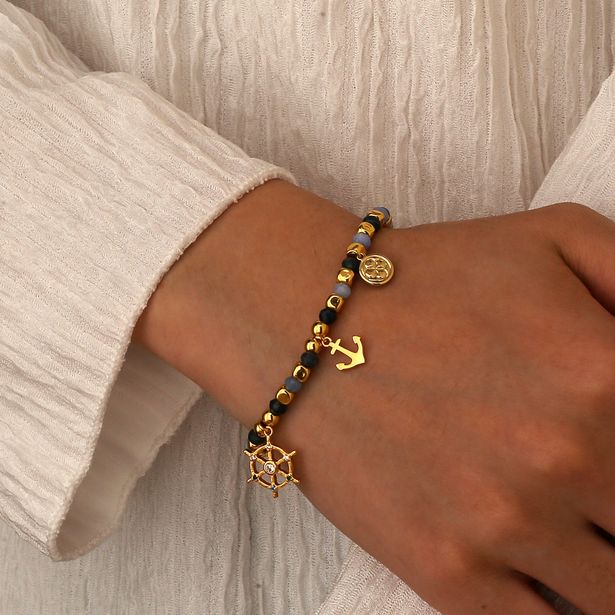 B0273 Ocean Pirate Series Chalcedony Beaded Vintage Anchor Rudder Bracelet