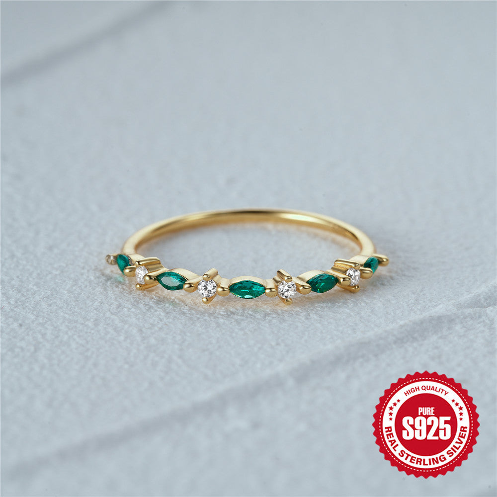 S925Pure Silver Sweet Small Ring Green Zircon Ring Forest Style Matching Daily Multi-Diamond Ring