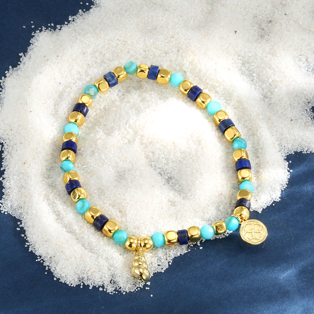 B0297 Fashion Bohemian Conch Bracelet Trendy New Lapis Lazuli Blue Shell Vintage Beaded