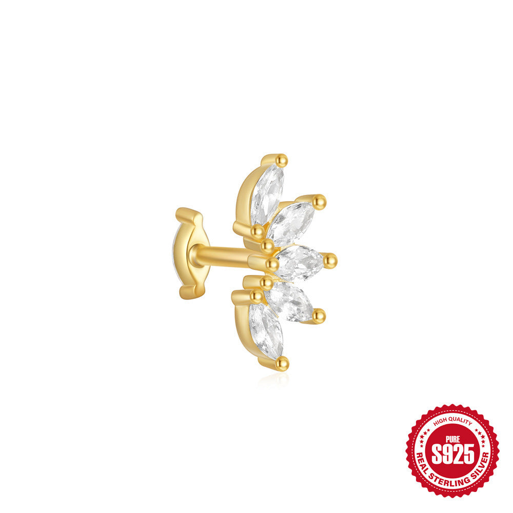 S925Sterling Silver Horse Eye Inlaid Diamond Crown Double-Sided Wearable Soft Bone Threaded Piercing Ear Bone Stud New Earrings for Women