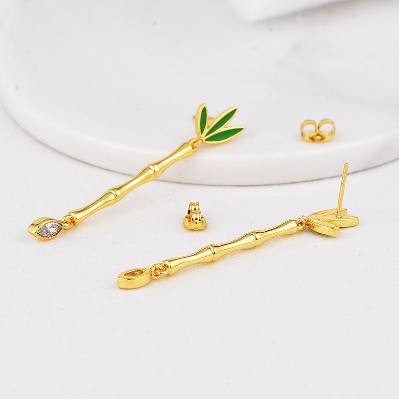 E0624 Korean Fashion Mori Style Clover Resin Earrings for Women Copper Gold Plated Bamboo Tube Water Drop Zircon Earrings