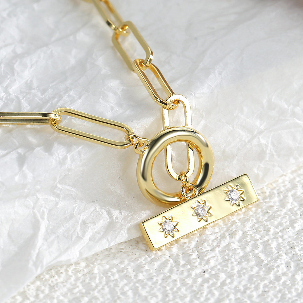 N0195 Copper plating18K gold Paper Clips Square Brand Star Inlaid with Zirconia OT Couple Necklace Jewelry