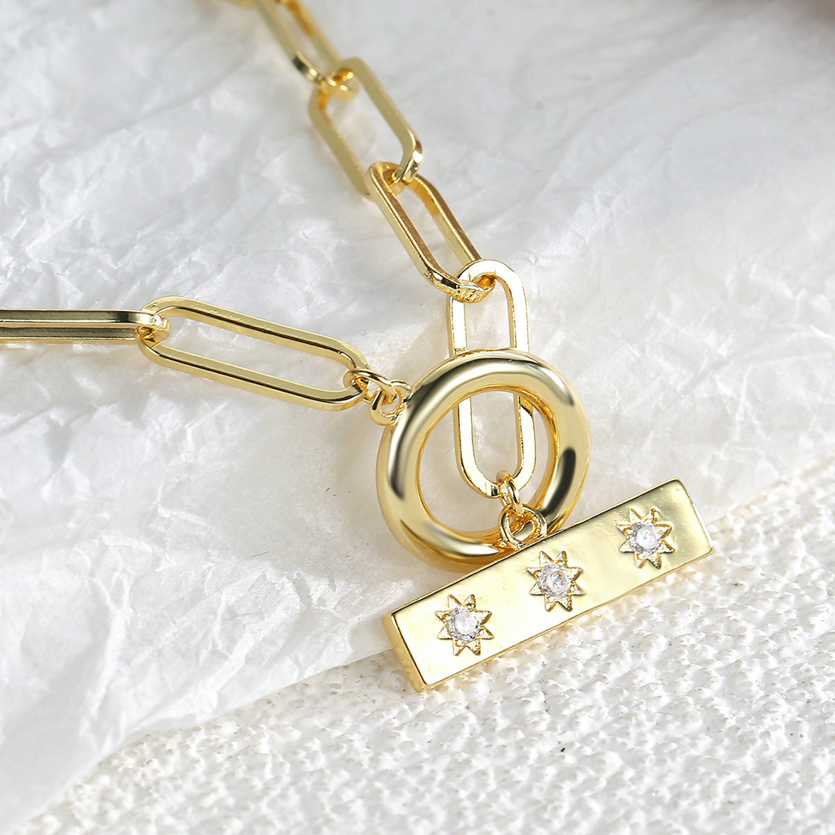 N0195 Copper plating18K gold Paper Clips Square Brand Star Inlaid with Zirconia OT Couple Necklace Jewelry