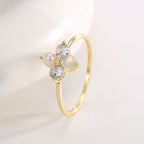R0694 Elegant Fashion Design Ring Four-Leaf Clover Inlaid with Zircon and Shell Pearl Gold Plated