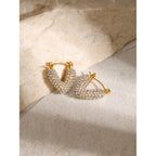 18k Gold Stainless Steel/Hollow Basket Inlaid Rhinestone Earrings Unique Design Fashion Shell Pearl Earrings for Women