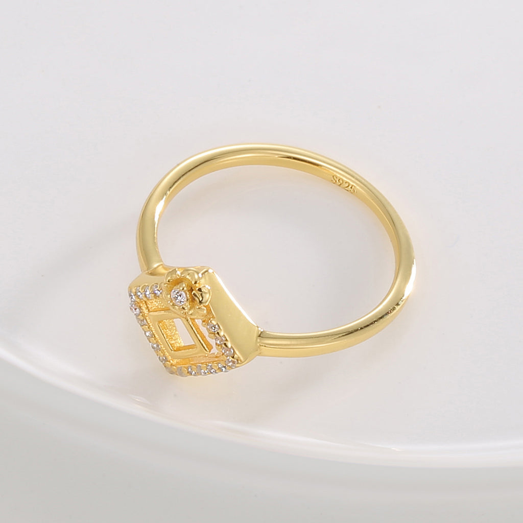 SR0009 S925Silver plating14K Gold Hollow Square Flower Inlaid Zircon Ring for Women Fashion